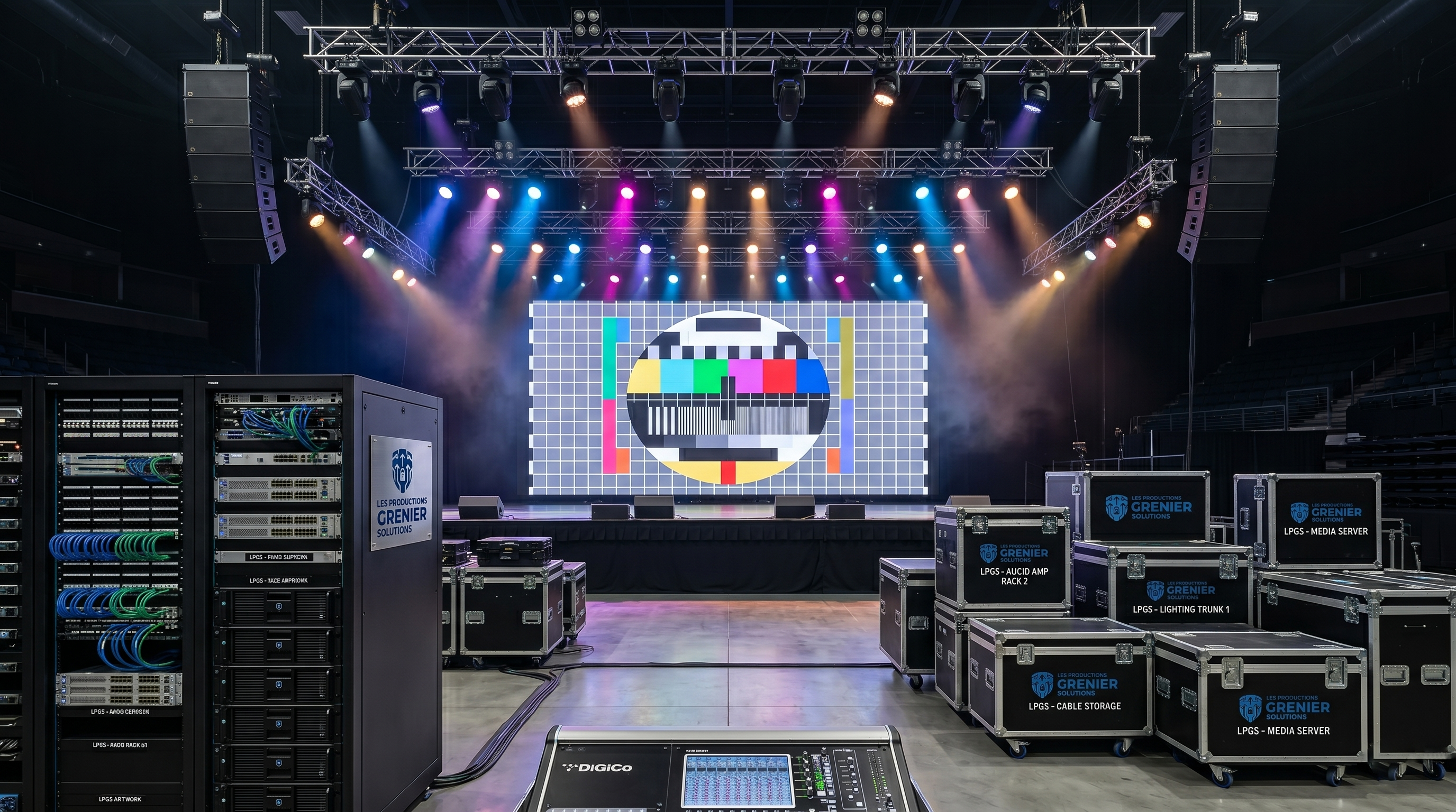 Scène, racks et flight cases montés par LES PRODUCTIONS GRENIER SOLUTIONS